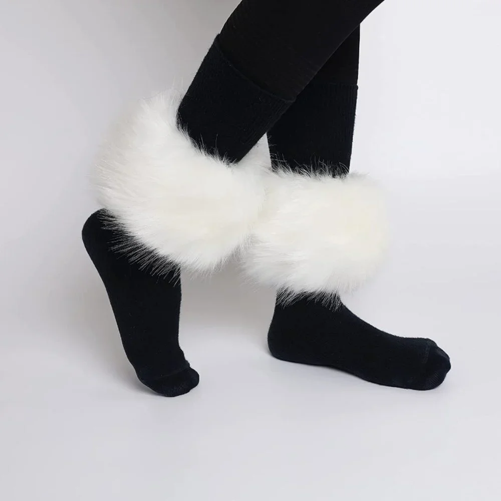 White Fuzzy Faux Fur Pom Pom Wrist Cuffs Furry Bands Arm Warmers‎ Boot Covers